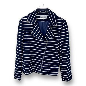 Bagatelle Navy & White Striped Moto‎ Jacket Blazer w/Silver Hardware Sz M